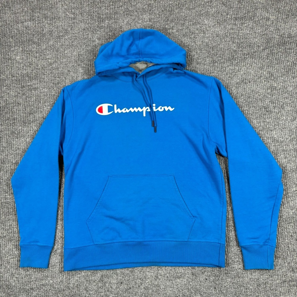 Champion Mens Large Blue Script Logo Pullover Hoodie Sweatshirt Athleticwear